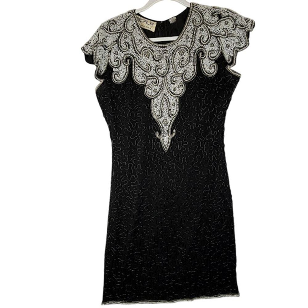Vintage 80's SCALA Black Evening Dress 100% Silk Beads Sequins Pearls Size PM